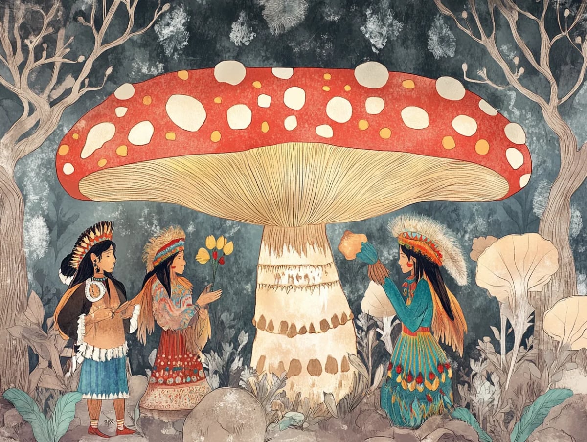 Historia i znaczenie Psilocybe mexicana, w tle grzyby halucynogenne.